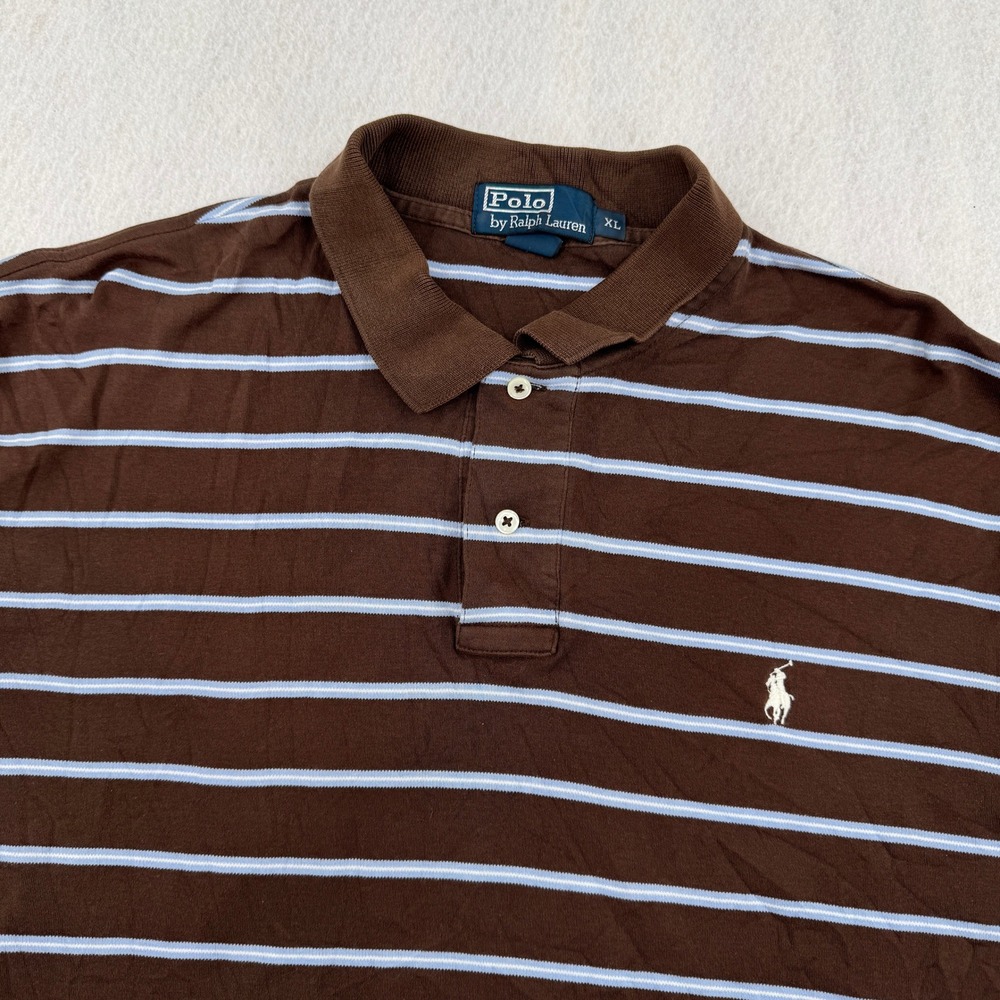 Polo Ralph Lauren Mens XL Short Sleeve Pique Cotton Polo Brown/Blue Striped